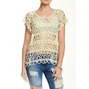 Bobeau crochet lace cotton top scoop neck short sleeve